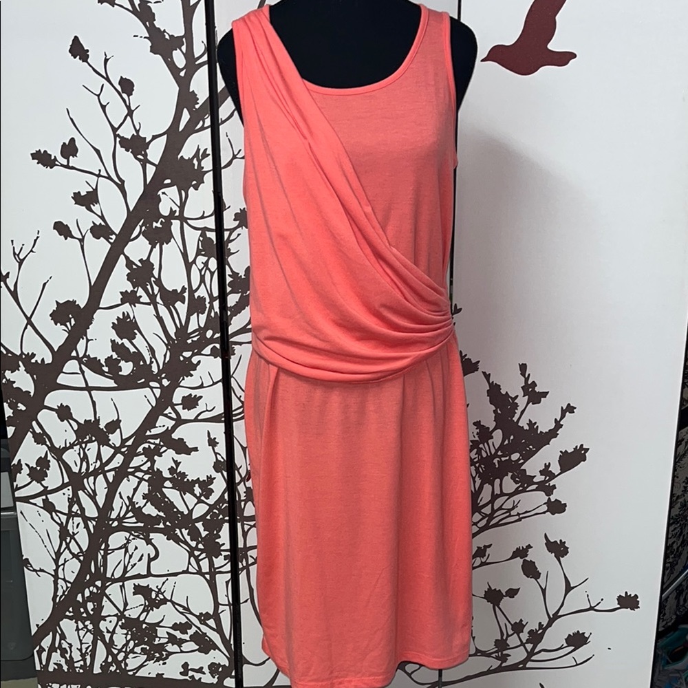 AVON Coral Pink Ruched Asymmetrical Midi Dress Size Medium $12